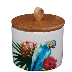 Pote em Cerâmica com Tampa de Madeira Arara - BTC Decor