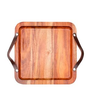 Bandeja Quadrada de Madeira com Alça de Couro 28cm - James F.