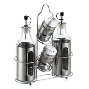 Jogo Galheteiros e Porta Condimentos com Suporte Inox Cylinder - Dynasty