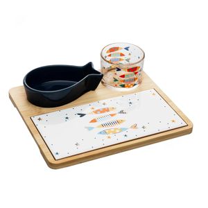 Conjunto Petisqueira 4 Peças de Vidro Com Bandeja de Bambu - Wolff